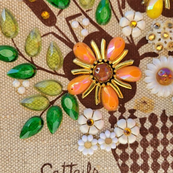 Enid Collins Cattails Bejeweled Handbag Orange Yellow White Flowers Rhinestones - Picture 6 of 16